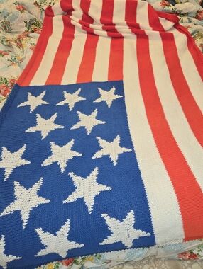 Vintage Crochet AMERICAN FLAG Stars &Stripes Afghan Blanket Throw 43" x 95"
